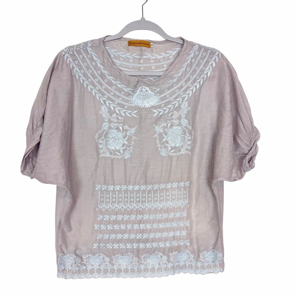 Roberta Freymann Blouse Women Small Gray Blue Embroidered Peasant Top Cotton Boh